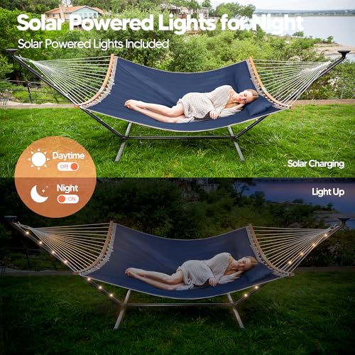 Image of SUNCREAT Outdoor Hammock with 12 ft Stand, Solar Powered Lights, Dark Blue