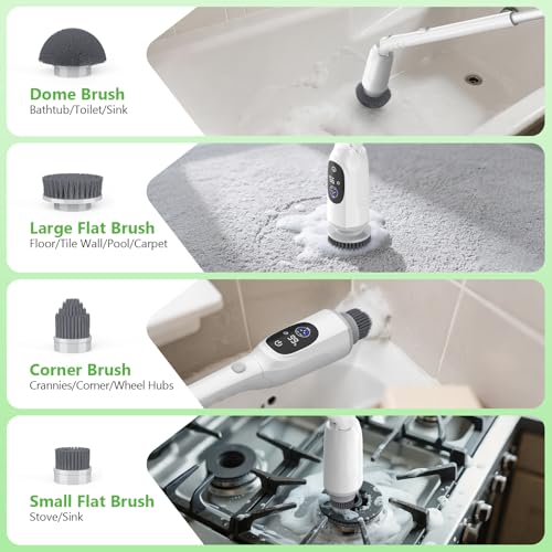 Image of Electric Spin Scrubber, Cordless Cleaning Brush, 3H Work Time, Bathroom Scrubber with LED Display, 3-Speed Extendable Handle, IPX7 Waterproof, 8 Brush Heads for Shower, Tile, Tub, Floor, Toilet, Grout