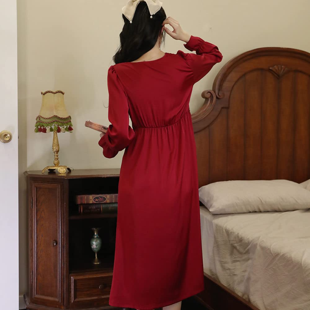 Nachthemd,Damen-Nachthemden, Roter Satin, V-Ausschnitt, Knopf, Spitzennähte, Elegantes Schlafhemd, Weiches, Bequemes, Langärmliges Nachthemd, Loungewear Für Damen, Mädchen, Pyjama-Party, Weihnac