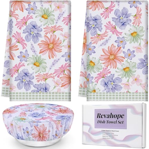 Revahope 2 Pieces Kitchen Towel Set, 18×30 Inches Decorative Hand Towels Absorbent Dish Tea Towels for Kitchen with 9.8 Inches Bowl Cover(Daisy Floral)