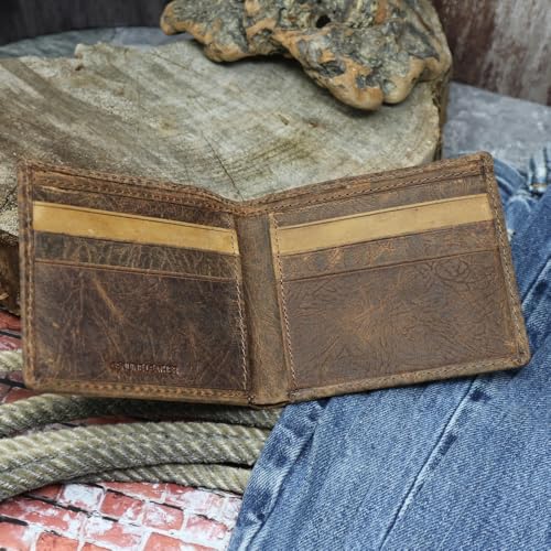 Image of HOOEY Ouray Men's Bifold Wallet - Brown & Turquoise Ostrich Print Roughy Wallet, Genuine Leather Western Wallet with ID Window & Card Slots