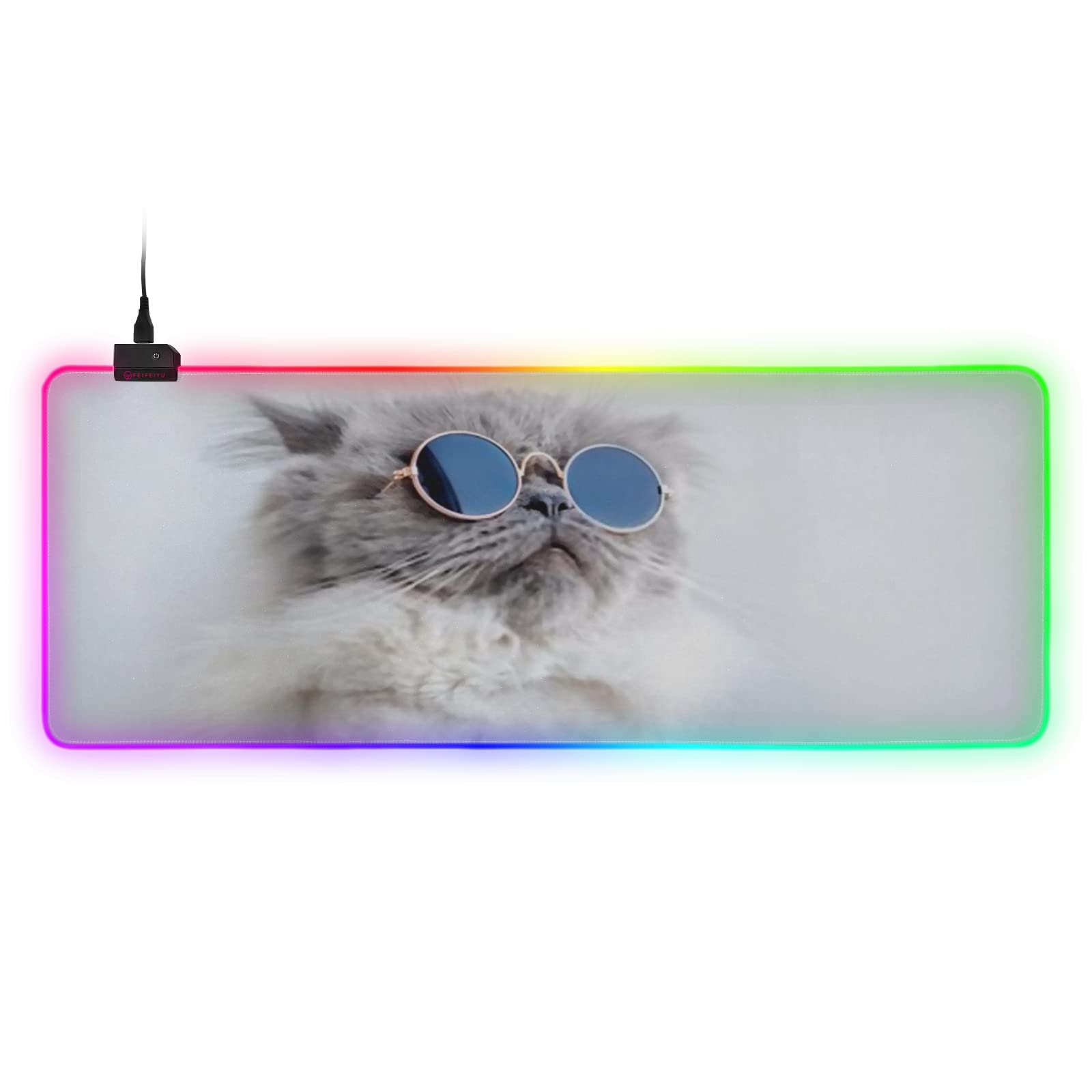 Large RGB Gaming Mouse Pad Funny Cat Posing Sunglasses Glowing Extended Mousepad 35 4x15 7in Soft Anti-Slip Rubber