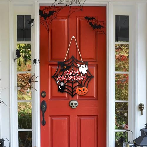 Image of Halloween Party decorations - Welcome Sign for Front Door,Rustic Round Wood Wreaths for Outdoor Outside,Spider Web Garland Porch Ghost Decor for Party Favors Supplies | Halloween Decor for Wall Indoor