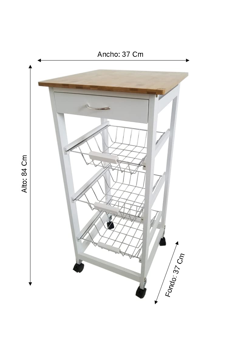 Verdulero frutero, Carro de Cocina con Ruedas, 37x37x85 Blanco Tapa Madera Oporto 6