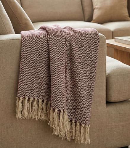 Image of Cotton Weave Boho Sofa Throw Blanket 50x60 Inches or 125x150 cms Lightweight, Soft & Breathable Couch, Bed or Chair Throw Blanket for Living or Bedroom, Zigzag Cranberry