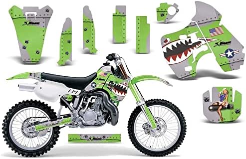 AMR Racing MX Dirt Bike Graphics kit Sticker Decal Compatible with Kawasaki KX500 1998-2004 - P-40 Warhawk Green Silver