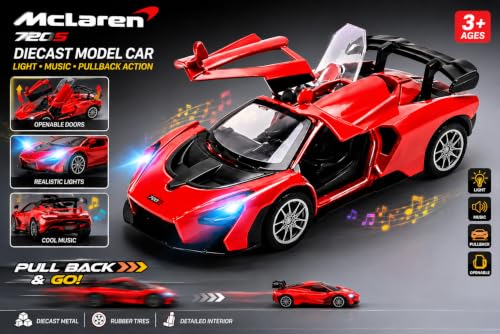 Image of VqueenS McLaren Senna Die Cast Metal Toy Car 1:36 Scale Pull Back Car with Openable Butterfly Doors, LED Lights & Sound Effects, Collectible Sports Racing Car for Kids & Adults (Random Colour)