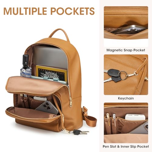 Image of Kattee Leather Backpack for Women with Back Zipper Pocket, Brown | Back zipper pocket for easy access to cards and essentials on the go.