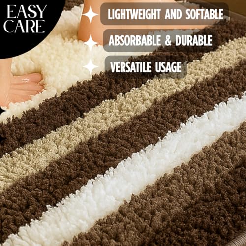 Image of VAS COLLECTIONS Microfiber Solid & Striped Anti-Skid Bath Mats - Pack of 2 (Brown & White, 35x50 cm)