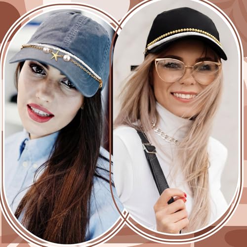 Image of Geyoga 9 Pcs Trucker Hat Chains Trucker Hat Charms Women Man Bill Decoration Detachable DIY Metal Chain for Mesh Baseball Cap(Gold White,Starfish Seashells)