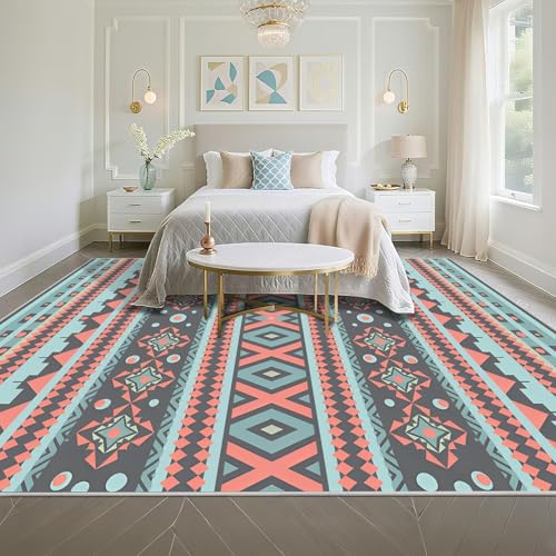 Tapis de restaurant résistant bleu 70x100cm géométrique rose