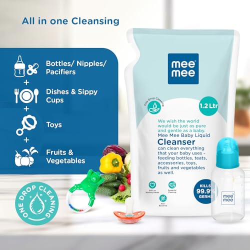 Image of Mee Mee Baby Liquid Cleanser 1 L, Anti-Bacterial Kills 99.9% Germs | for Feeding Bottles, Nipples, Accessories, Toys, Fruits & Vegetables | No Alcohol, One Drop Cleaning, Dermatologically Tested