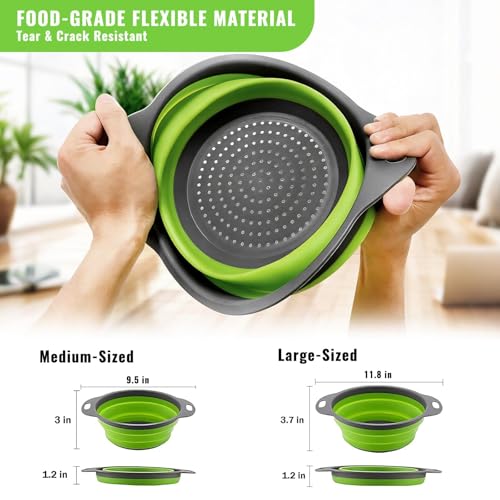 2 Pack Collapsible Silicone Colander with Handle, Over Sink Foldable Food Strainer, BPA-Free Space Saving Drain Basket for Vegetables, Fruits, Pasta, Kitchen & Camping (Green) by WHZHAOCAI - Image 6