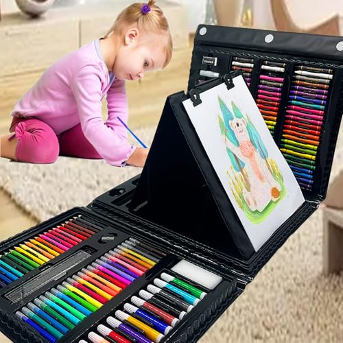 XDISHYN 208 PCS Art Set with Double Sided Trifold Easel Oil Pastels Crayons Drawing Kit for Kids Adults