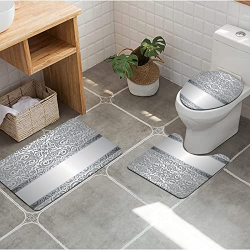 3 teiliges Badematten Set rutschfest U-FöRmige Duschvorleger,Silber, Barock-Damast, Rundungen, Rokoko-Stil, Motive… – Bild 4