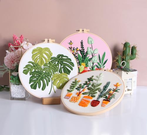Image of Konrisa Embroidery Kits for Adults Beginner, European Style Garden Plant Green Leaf Stamped Embroidery Starter Kit,DIY Sewing Practice, Needlepoint Cross Stitch Kit,Set of 3