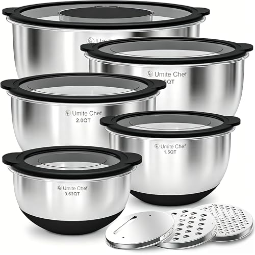 Mixing Bowls with Lids Set - Non-Slip, Airtight Warp-Proof TPR-AS Lids, Thicker Stainless Steel Bowls, Measurement Lines & 3 Graters, Prep Meal Bowl, Black Nesting Bowl for Kitchen, 5/3/2/1.5/0.63QT