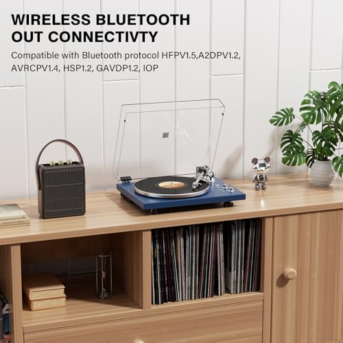 Image of Belt Drive Turntable for Vinyl Record Player, Bluetooth Output, Built-in Phono Preamp, USB Digital Output, Magnetic Cartridge, 33 /45 RPM, Wood Design, No Built-in Speakers(Blue)