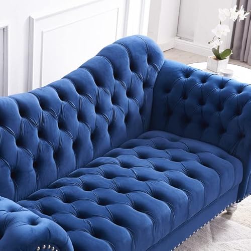 Kiss The Krown Blue Velvet Couch Set Modern Luxury Living Room Furniture Chesterfield Loveseat Sofa Chair #TOP5