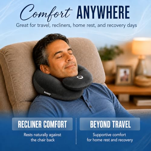 Image of BCOZZY Flat Back Travel Neck Pillow - Patented Neck Pain Relief & Support for Head, Neck, and Chin. Ideal for Airplanes, Long Flights, Car Rides. Adjustable, Washable, with Carry Bag. Large, Navy