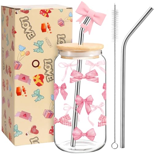 Elegant 16 oz Bow Cup for Bubble Tea, Glass Drinking Cup with Lid...