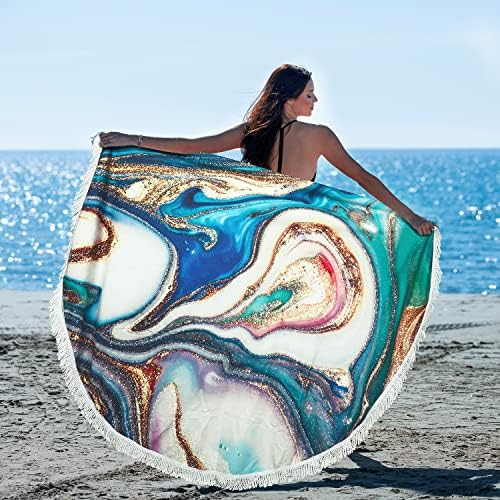 Beatuiphone Large Round Beach Towel Lightweight Blue Marbled Beach Towel Blanket Soft Microfiber Beach Throw Tapestry Fast Dry Sandless Absorbent Shawl Meditation Table Rug Picnic Towel 60'' Tassel