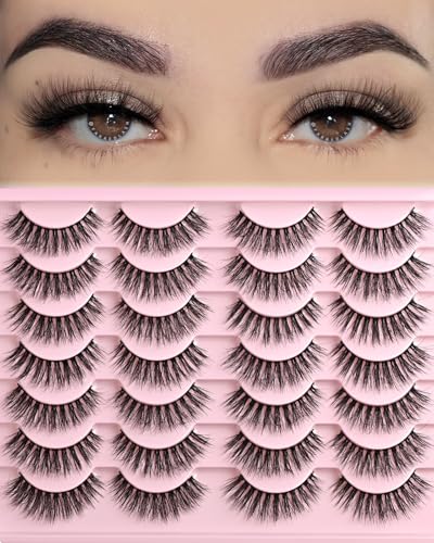 FARRED Natural Lashes Short Eyelashes Wispy False Mink Lash Pack 14 Pair Natural Look Fluffy Cat Eye Strip Eyelash Small Fake Lashes Full Pestañas Sets for MUA and Beginners Daily Makeup (F1 | 8-14mm)