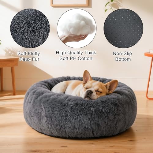 Image of Small Dog Calming Beds Donut Washable Round Puppy Cat Bed Anxiety Dog Bed