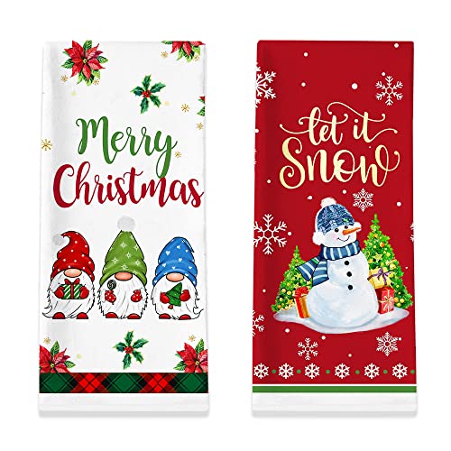 Christmas Kitchen Towels, Merry Christmas Towels Set of 2, Snowman Gnomes Red Black Buffalo Plaid Hand Dish Tea Towels for Bathroom Holiday Housewarming Gifts Decorations for Home (18x28 Inches)