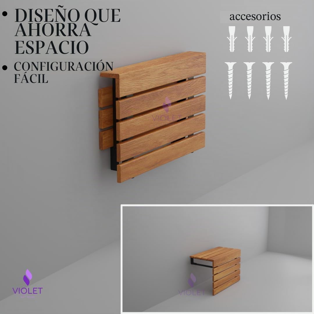 20" Asiento de ducha plegable de madera de teca grande montado en la pared, hecho a mano, banco de baño resistente y que cumple con ADA, taburete de baño robusto y que ahorra espacio, silla compacta y