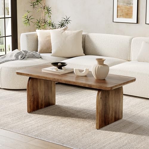 LITTLE TREE Farmhouse Coffee Table, 47 Inches Wooden Center Tables with Rounded Corners, Rectangular Living Room Tables, Modern Low Cocktail Tea Furniture for Living Room (Rustic Brown)