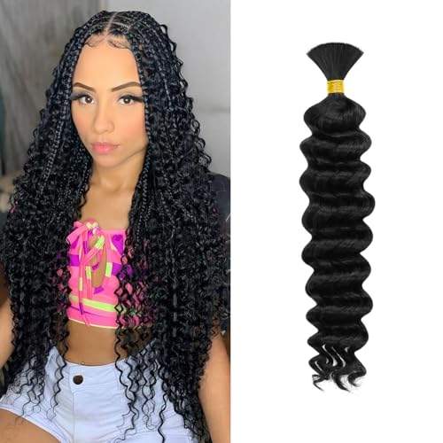 Deep Wave Human Braiding Hair for Boho Braids - 22 Inch 60G 1 Bundle/Pack Natural Black, 12A Brazilian Virgin Human Hair Bulk, No Weft, Wet and Wavy Human Braiding Hair for Knotless Braids #