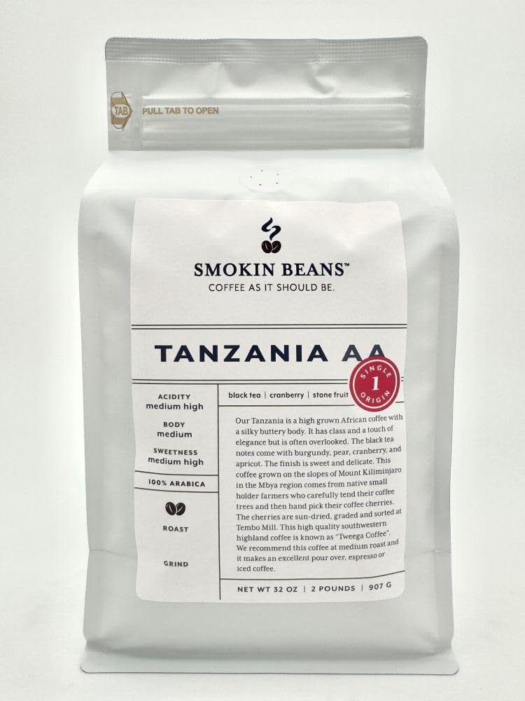 Smokin Beans 2-Pound Africa Tanzania Aa Freshly Roasted Coffee, Washed Processing, Medium Roast, Premium Whole Bean Specialty Coffee