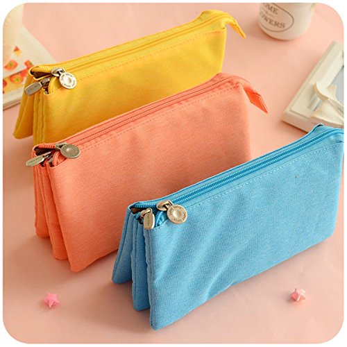 O,Like Super Capacity Pencil Case Three Compartment Pencil Holer Pencil Pouch Pen Bag Cosmetic Bag (Yellow) #TOP4