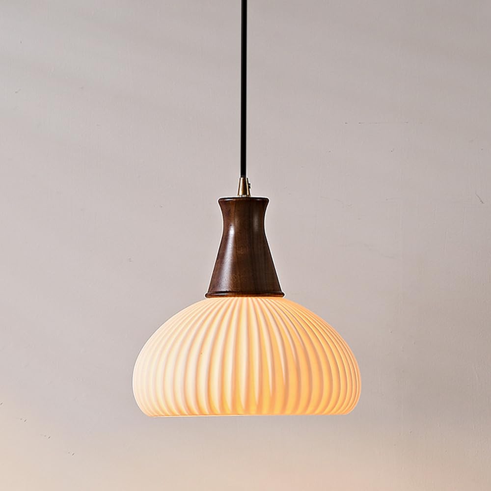 Lampe suspendue pour cuisine anti-éblouissement en céramique et noyer naturel