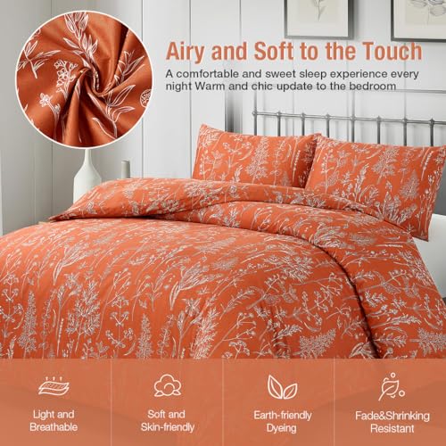 Image of Lekesky Floral Duvet Cover Queen Size, Burnt Orange Queen Duvet Cover Plant Flowers Pattern Bedding Set for All Season, Soft Breathable Duvet Cover with Zipper Closure & Corner Ties