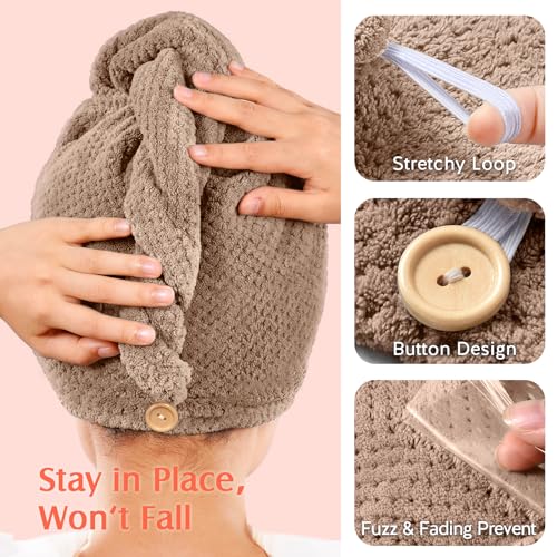 Image of YFONG 2 Pack Microfiber Hair Towel Wrap for Women, Super Absorbent Quick Dry Hair Turban for All Hair Style Anti Frizz, Large Hair Drying Towel with Button