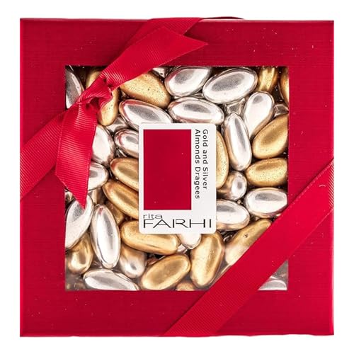 Rita Farhi Gold and Silver Almond Dragees 240g Luxury Sugared Almond Gift Box Shimmering Gold & Silver Coated Almonds for Weddings & Celebrations