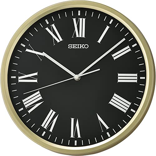Image of Seiko Classic Round Golden Plastic Analog Home Decor Roman Figure Black Dial Wall Clock with Sweep Movement (Size: 30.5 x 4.5 x 30.5 CM | Weight: 670 gram | Color: Golden)