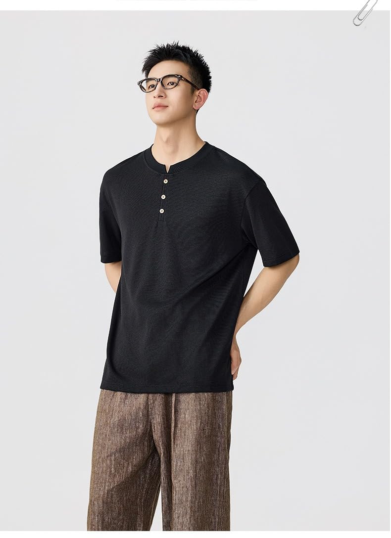 Męska koszulka z krótkim rękawem w stylu amerykańskim vintage na co dzień w stylu Henley