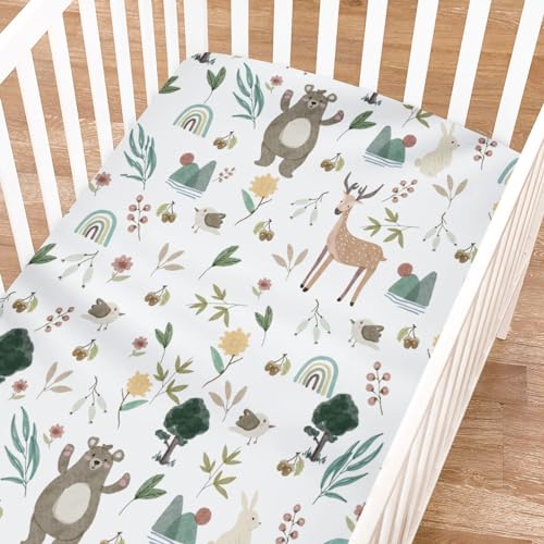 Image of Spring Animals Fitted Baby Crib Sheet for Boys Girls 52 inchx28 inch Bear Deer Bunny Birds Trees Flower Leaves Soft Stretchy Nursery Bed Sheets Fits Standard Crib and Toddler Bed Mattresses