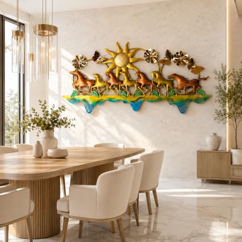 Image of Framing Hub - Large Metal Wall Decorative Multicolor Seven Running Horses with Sunrise Floral Design Wall Hanging Decor for Vastu Living Room (51 x 25 Inch)