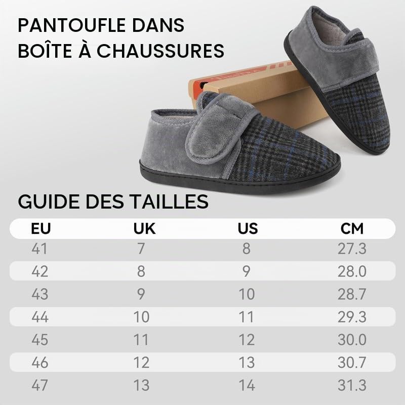 TIESTRA Pieds larges Hommes Chaud Pantoufles DiabéTique Semelle en Mousse à Mémoire de Forme Pantoufles en Feutre pour Hommes avec Hook and Loop EU 41-47