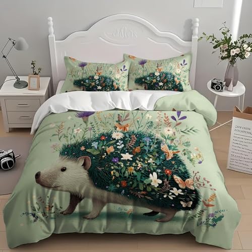 Housse de couette 260x240 hérisson vert parure de lit fermeture éclair 2 taies 65x65