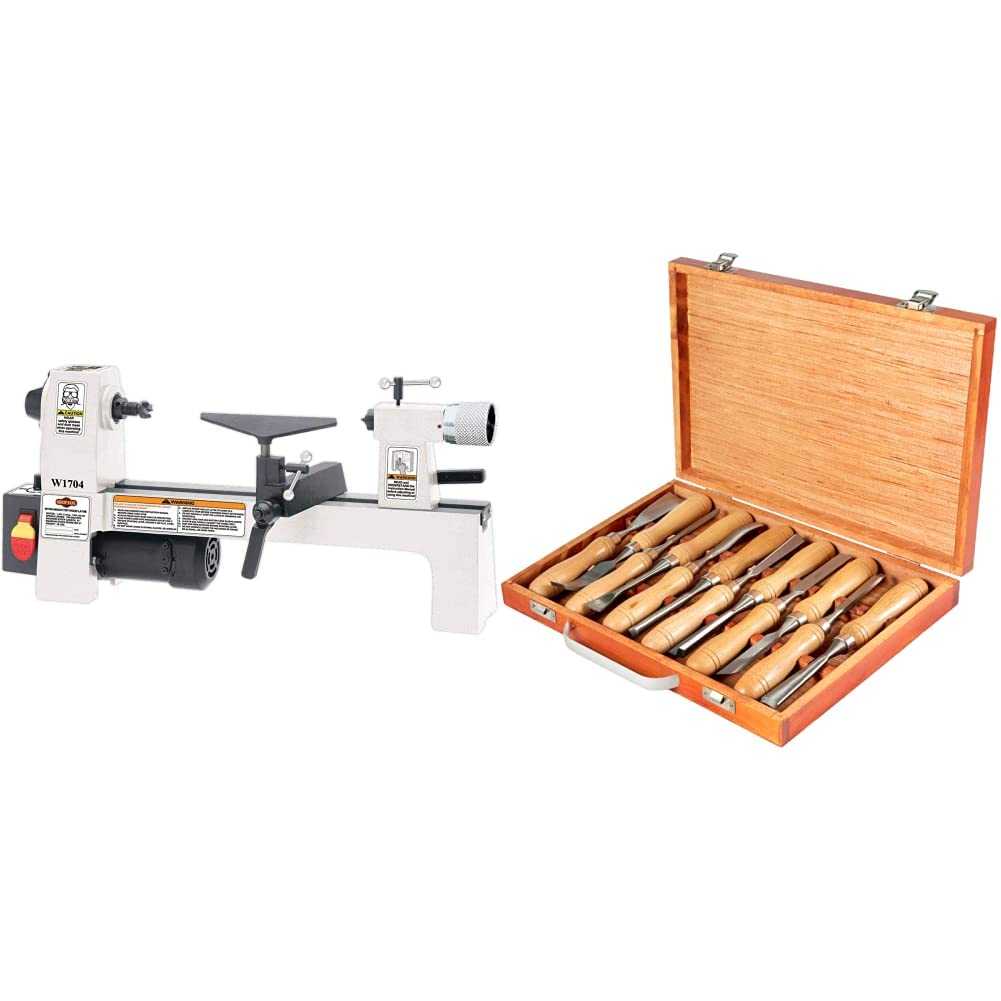 SHOP FOX W1704 1/3-Horsepower Benchtop Lathe & Mophorn Wood Chisel Sets 12pcs，Wood Carving Hand Chisel 3-3/4Inch Blade Length,Woodworking Chisels with Red Eucalyptus Handle