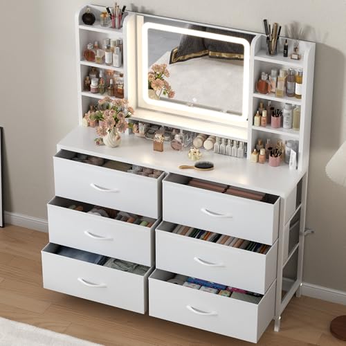 Gyfimoie Dresser with Mirror for Bedroom 42 W Chest of Drawers with LED Mirror White Dresser with 6 Large Fabric Drawers Modern Makeup Table Vanity Desk with 6 Storage Shelves 3 Lighting Modes