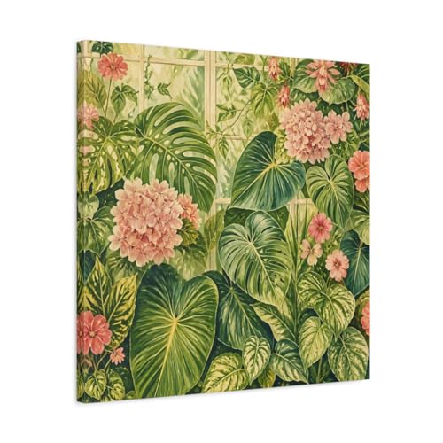 Tableau plante tropicale rose et vert toile 60x60cm nature