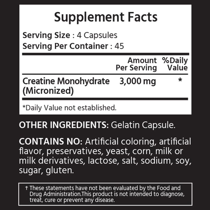 Miniatura 3 de ML Naturals Monohidrato de creatina micronizada 3,000 mg por porción, 180 cápsulas, sin gluten y sin OMG, certificado NSF y cumple con cGMP, probado