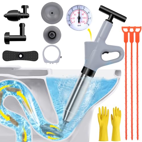 Image of CAPHONT Toilet Plunger Blaster, High Pressure Toilet Plunger, Stainless Steel Air Drain Blaster Plunge Blaster with Visual Barometer for Toilets, Bathroom Floor, Drain Sinks and Plumbing Clogs