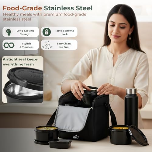 Image of Unify MealMate Lunch Box with 3 Microwave Safe Inner Steel Containers (500ml, 350ml, 200ml), 130ml Plastic Chutney Dabba, Water Bottle 750ml & Spoon | Office Tiffin with Insulated Bag, Black